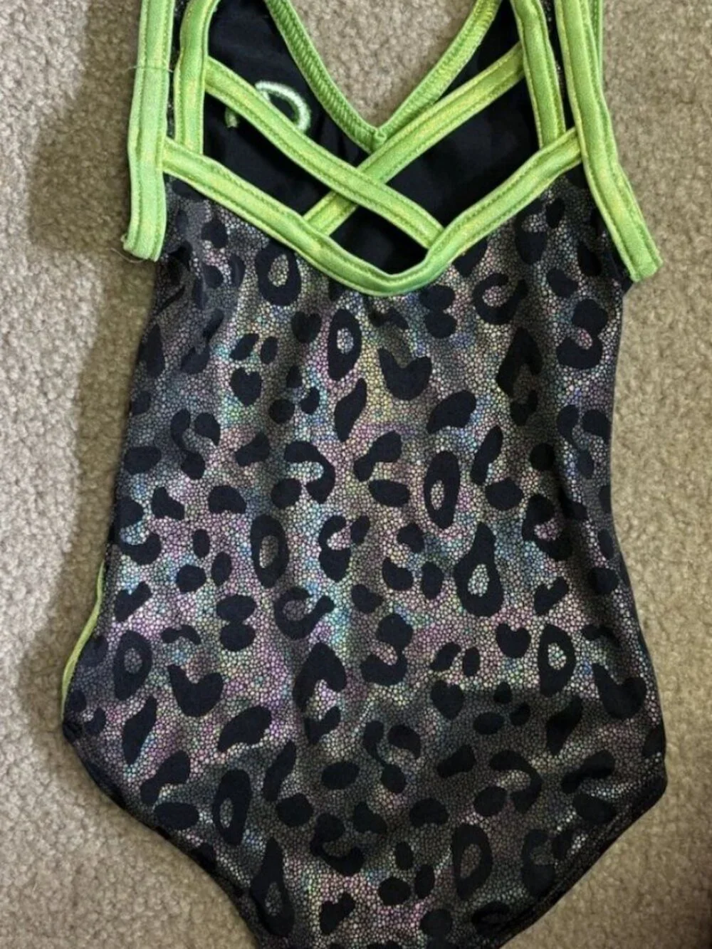 GK Elite Leotard CXS Child XS Neon Green Leopard Black Silver Metallic
